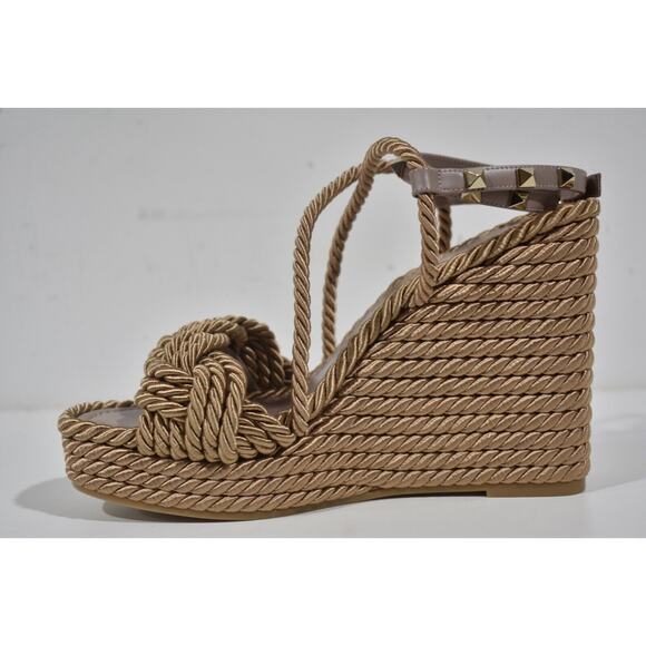 Valentino Rockstud Torchon Poudre Nude Cord Rope Wedge Ankle Strap Sandal 41 - Picture 8 of 11